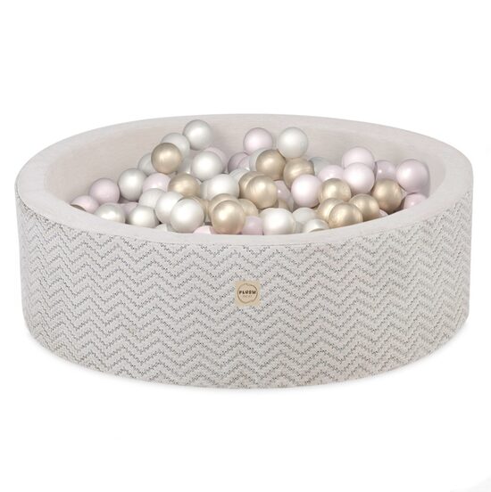 PLUSH NEST Dry Ball Pool, 90x30 cm, round, Cream, Softie Canvas, 200 balls: pearl, gold, light pink pearl